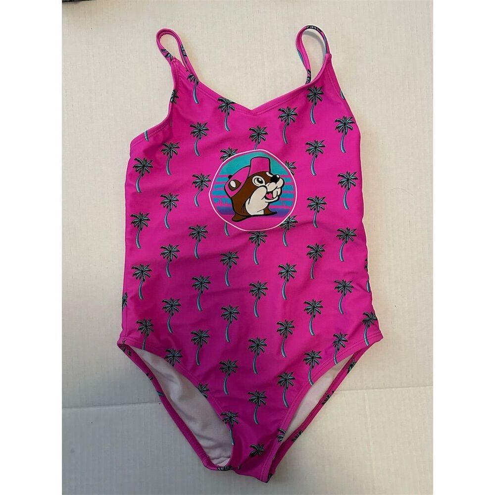 Buc-ee's Youth Pink One Piece Swimsuit Palm Tree Pattern Size M